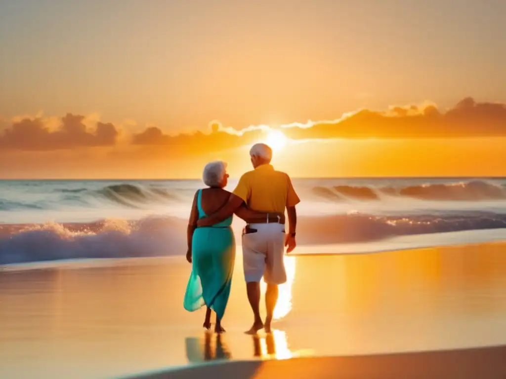 Pareja mayor abrazándose en playa al atardecer Consejos viajes tercera edad: Pareja mayor disfruta de un romántico atardecer en una playa paradisíaca