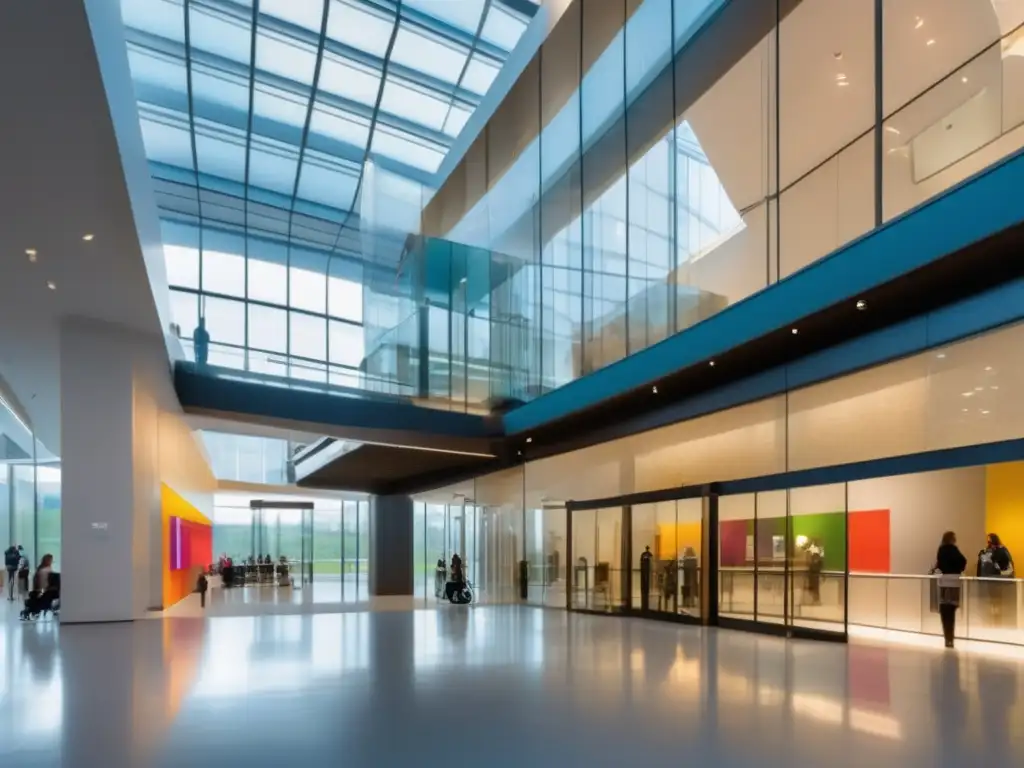 Accesibilidad en museo: Elevador panorámico inclusivo Accesibilidad en museos: escena inclusiva de viajeros con movilidad reducida en un moderno museo, destacando un elevador de vidrio con arte vibrante