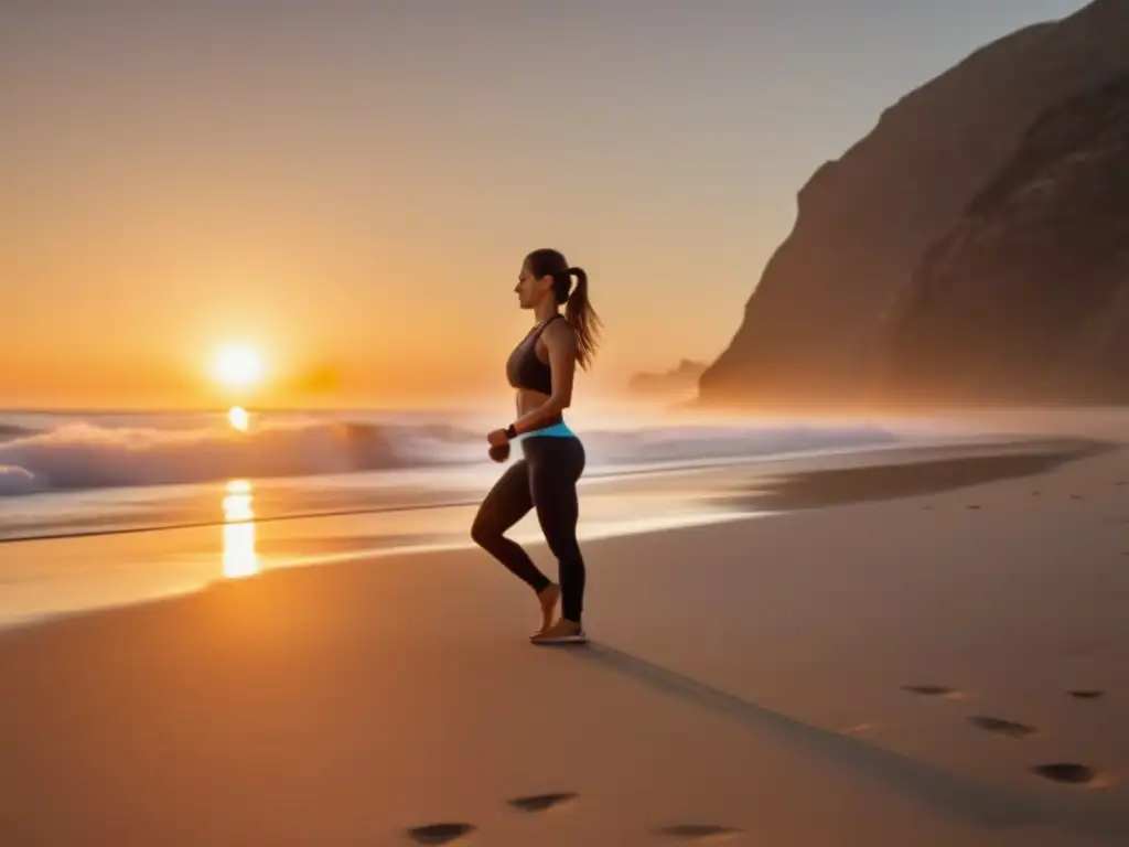 Viajero activo en playa al amanecer Rutinas de ejercicio para viajeros maduros seguros en una playa al amanecer
