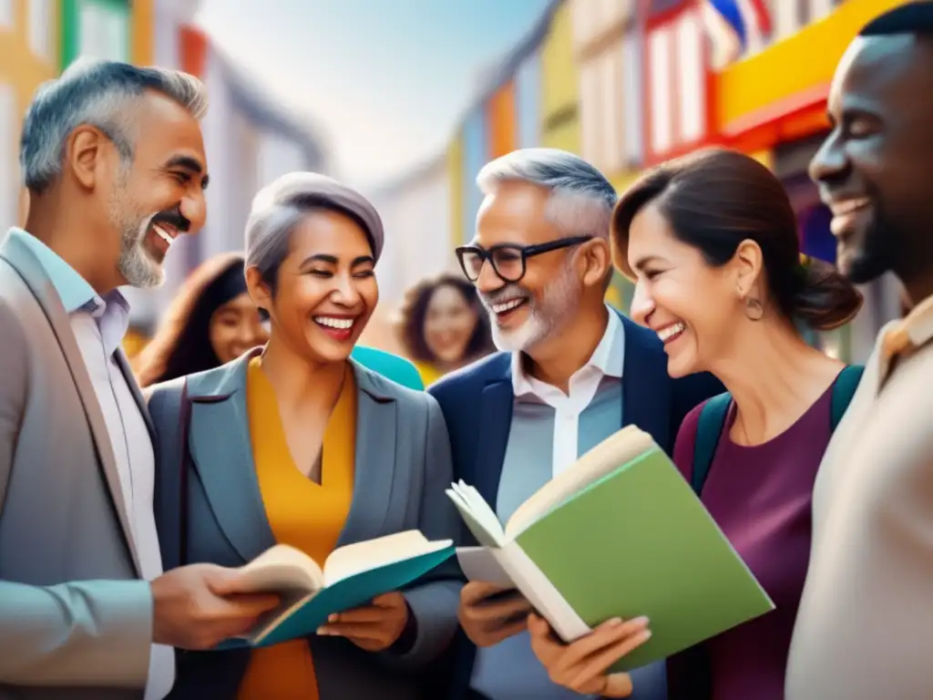 Grupo de adultos aprendiendo idiomas en ciudad vibrante Beneficios de viajes lingüísticos: Adultos inmersos en aprendizaje de idiomas en una vibrante ciudad