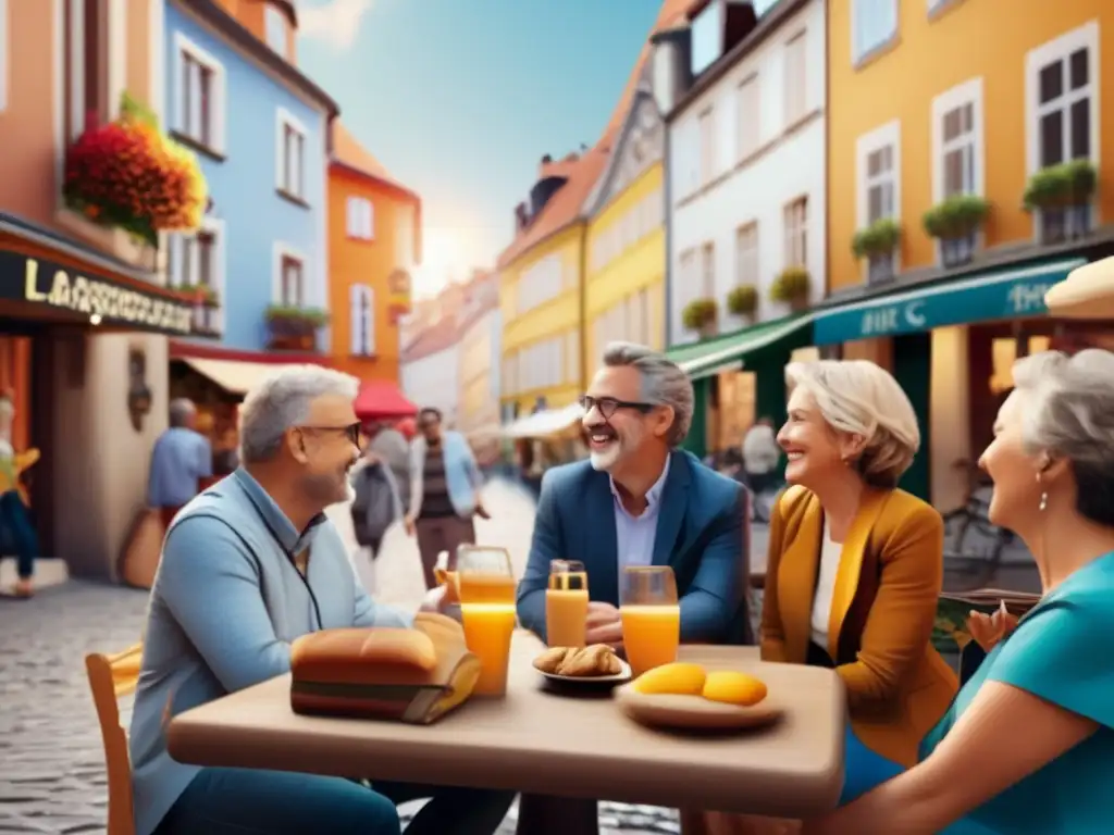 Grupo de adultos en programa de inmersión lingüística en ciudad europea Viajes lingüísticos para adultos mayores en una ciudad europea pintoresca con calles empedradas, edificios coloridos y cafés animados