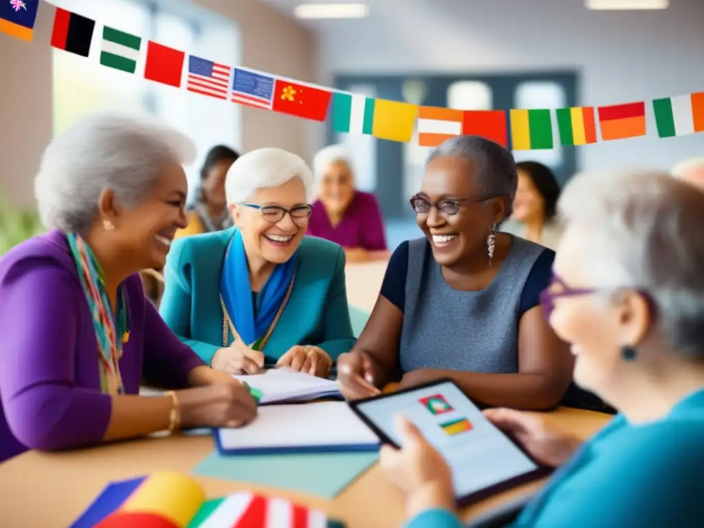 Mayores aprendiendo idiomas y conectando con culturas Beneficios viajes lingüísticos adultos mayores: grupo sonriente aprendiendo idiomas rodeados de banderas y tecnología avanzada