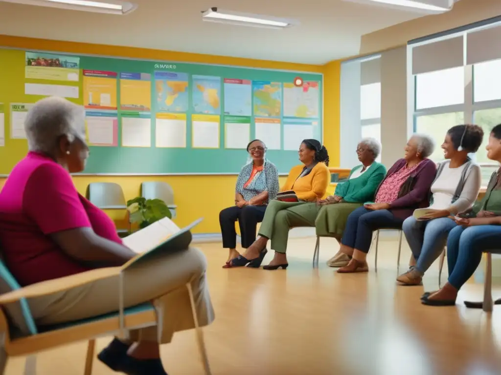 Grupo de adultos mayores aprendiendo un nuevo idioma Un grupo de adultos mayores en un aula vibrante y espaciosa, aprendiendo idiomas con entusiasmo y explorando el mundo a través de viajes lingüísticos