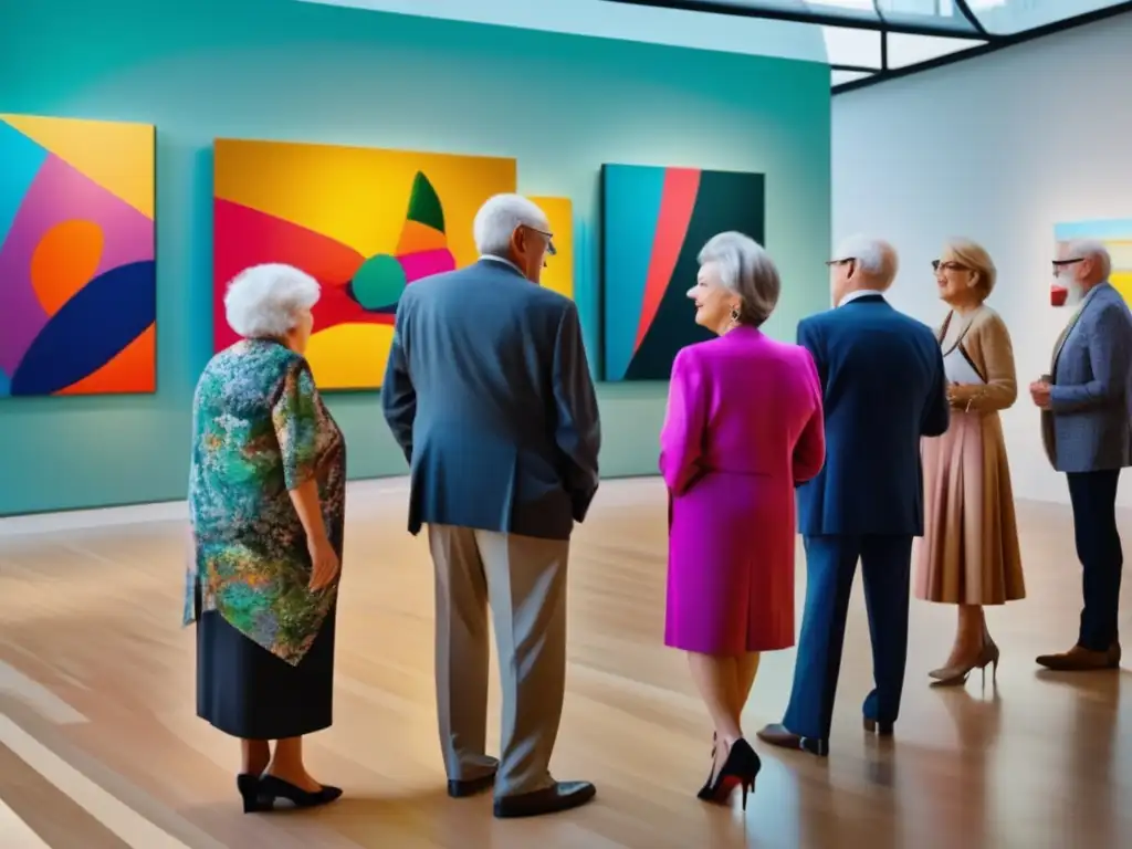 Grupo de adultos mayores admirando arte Viajes de arte para mayores: visitas culturales enriquecedoras - Grupo de adultos mayores en galería de arte