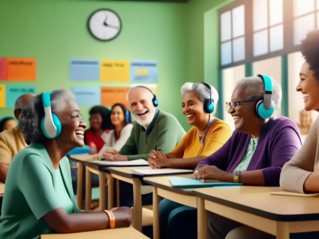 Aula de idiomas vibrante para adultos mayores Beneficios viajes lingüísticos adultos mayores, aula vibrante con alumnos mayores disfrutando aprendizaje y tecnología