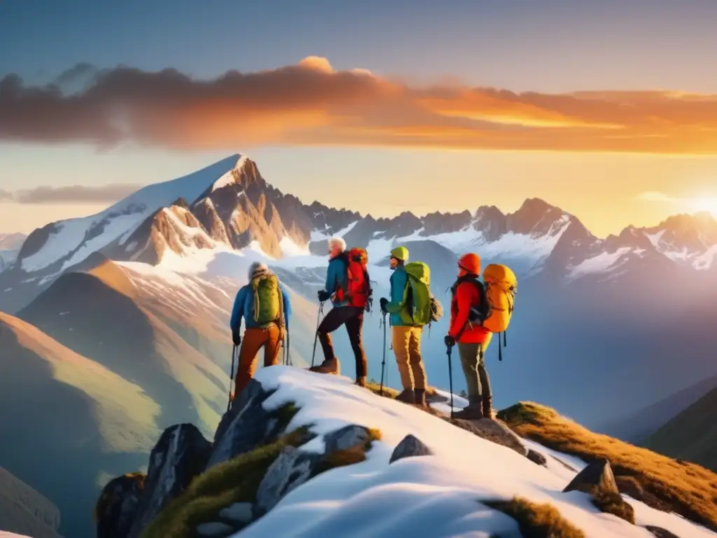 Grupo de aventureros mayores en la cima de una montaña Grupos de aventureros senior en una montaña al amanecer