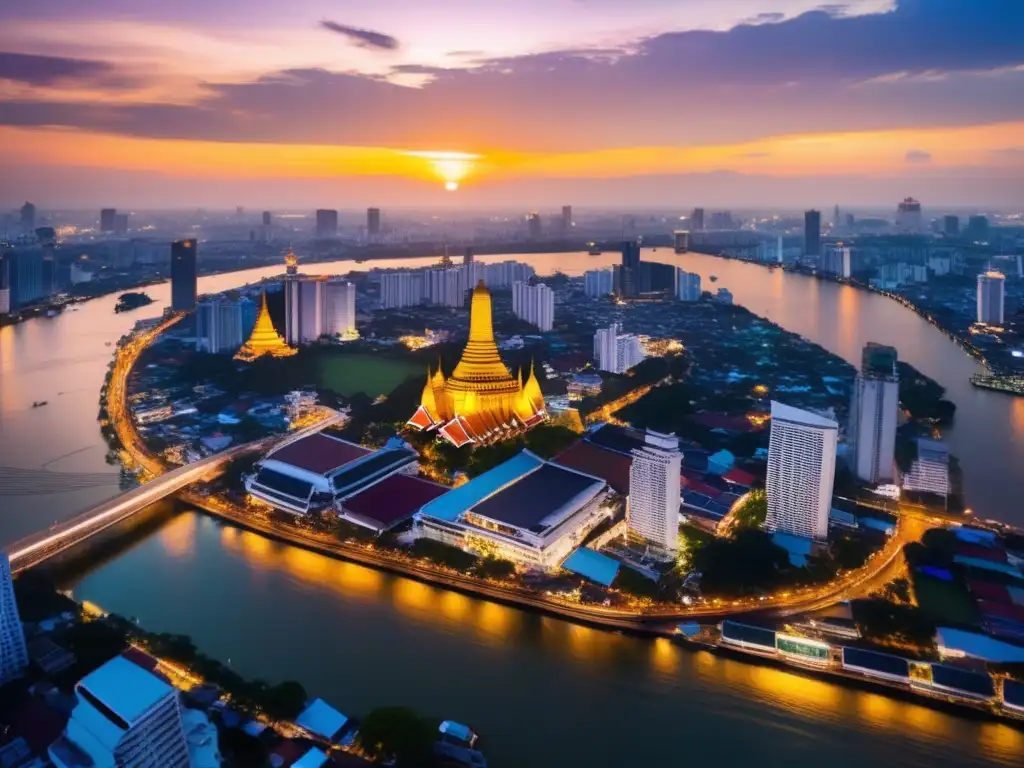Vista aérea cautivadora de Bangkok Destinos seguros en Asia: Bangkok, capital vibrante con paisajes urbanos, templos y comida callejera deliciosa