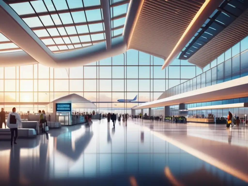 Aeropuerto moderno con ambiente vibrante y bullicioso Preparación vuelo largo viajes médicos: Aeropuerto moderno con gente diversa, arquitectura contemporánea y profesionales médicos en discusión