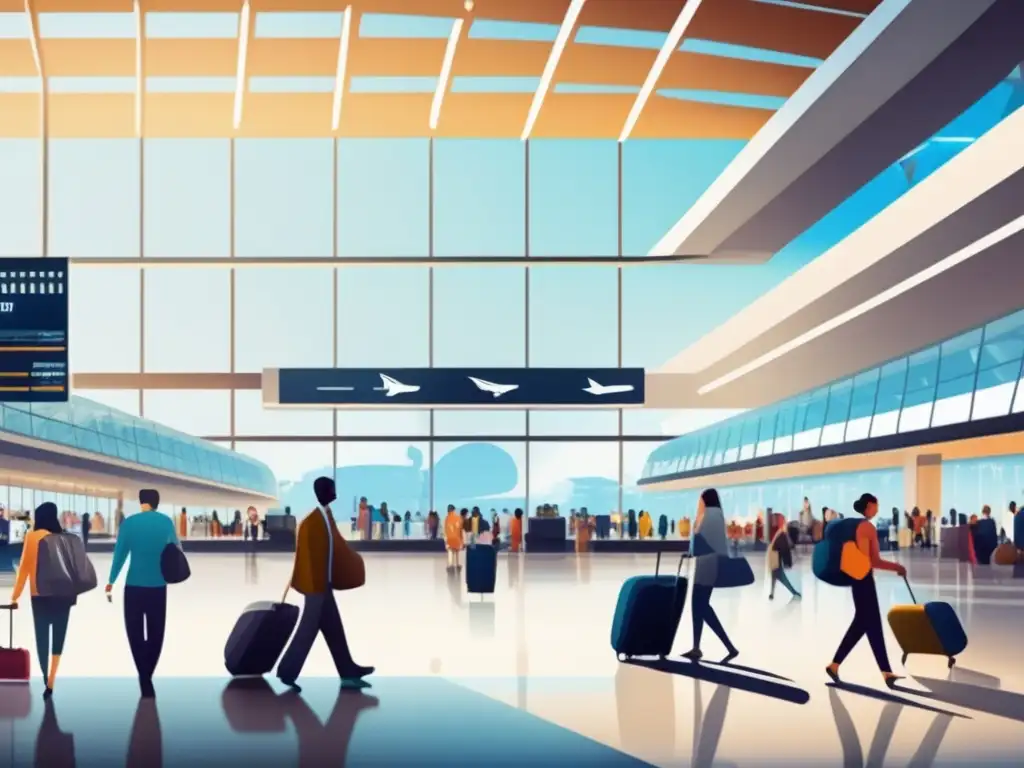 Terminal moderno con viajeros Interior moderno y vibrante del aeropuerto con viajeros y equipaje ligero