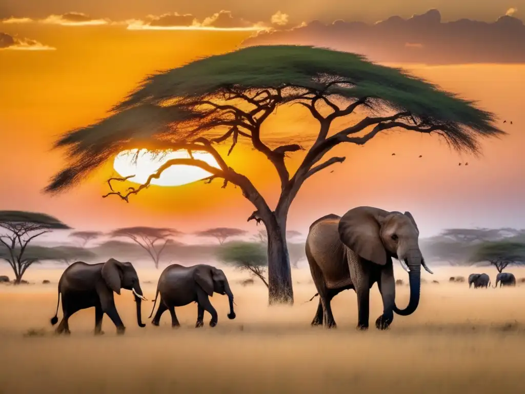 Hermosa sabana africana al atardecer Safari ecológico: vasta sabana dorada con elefantes, acacias y aves en el cielo