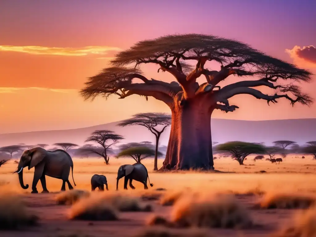 Guía segura viaje África seniors: paisaje africano sereno al atardecer con una majestuosa acacia, elefantes y un cielo espectacular