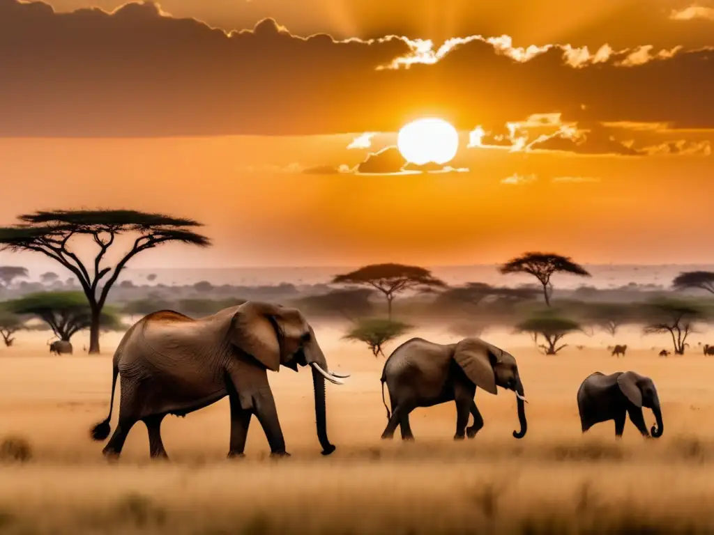 Hermosa sabana africana al atardecer Destinos ecológicos seguros para viajeros senior en África: majestuosos elefantes en una hermosa sabana africana al atardecer