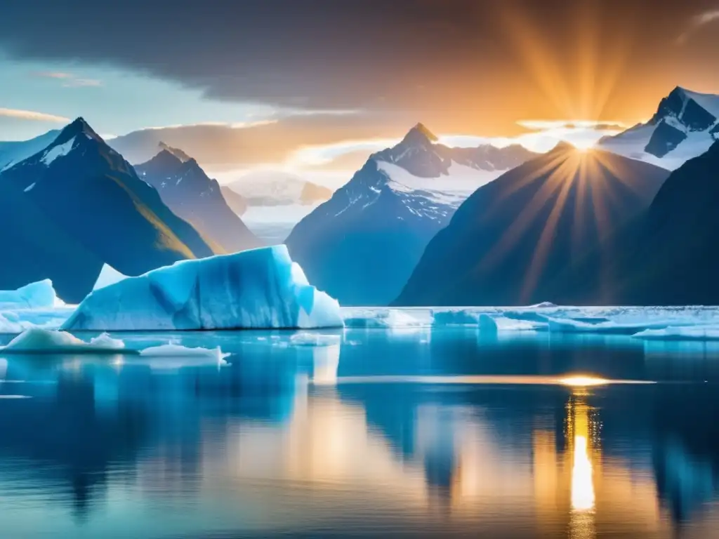 Glorioso paisaje de Alaska con glaciar, montañas y barco Paisaje de Alaska: Glaciar, montañas nevadas, crucero y cielo colorido