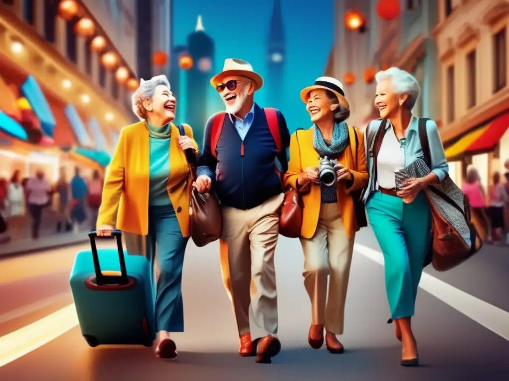 Consejos de seguridad para viajeros mayores en una ciudad vibrante y moderna con alegres adultos mayores explorando