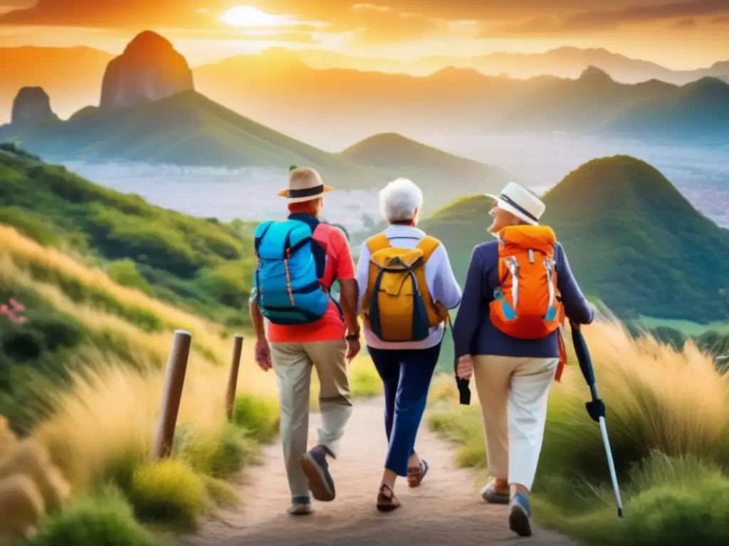 Viajeros mayores disfrutando de la aventura Grupo de mayores viajeros explorando alegremente un destino hermoso