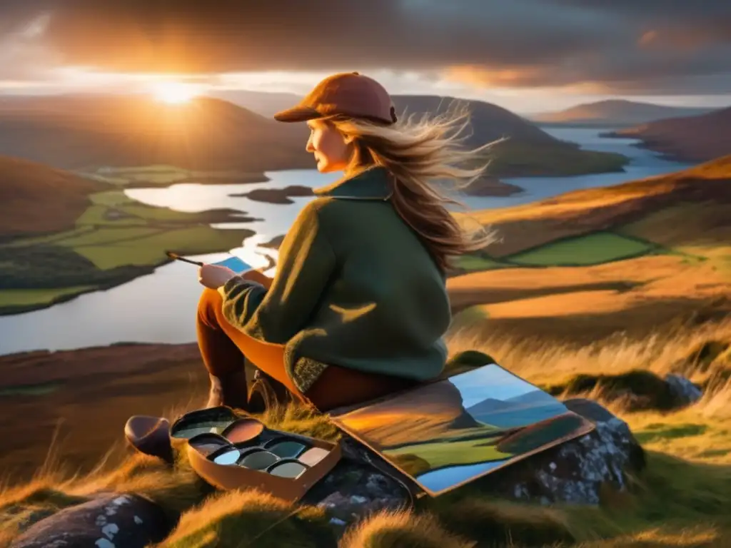 Alicia pintando en paisaje escocés Alicia, mujer de 65 años, pintando paisajes en Escocia