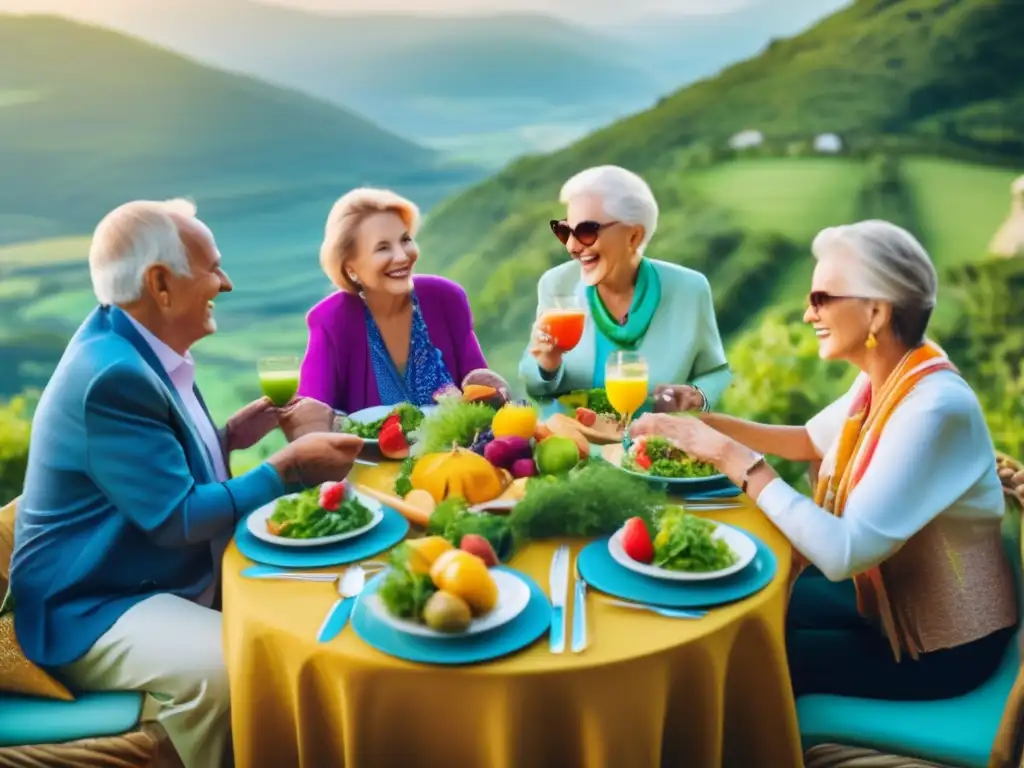 Seniors disfrutando de comida nutritiva al aire libre Un grupo de seniors disfrutando una comida nutritiva al aire libre, promoviendo la nutrición adecuada para viajeros seniors
