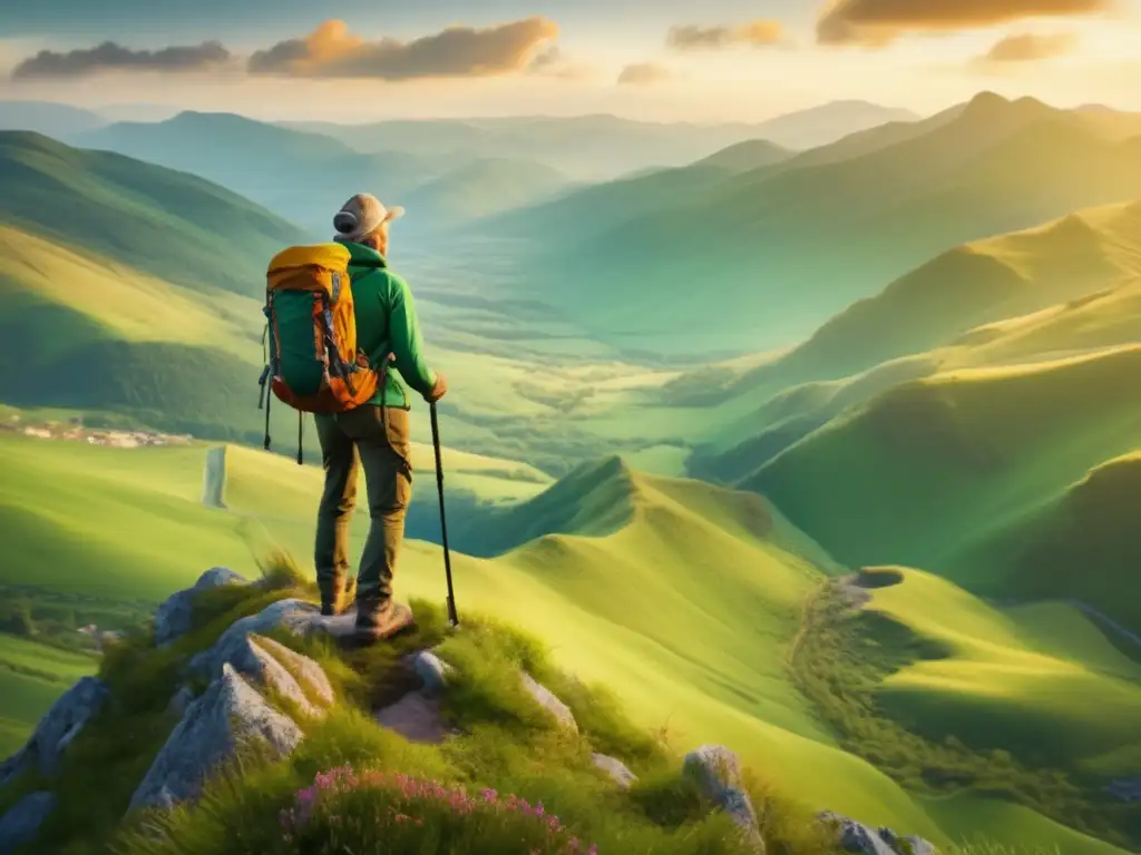 Montañero en cima con paisaje impresionante Aventurero maduro en destino rural, rodeado de vistas panorámicas, senderos y naturaleza (110 caracteres)