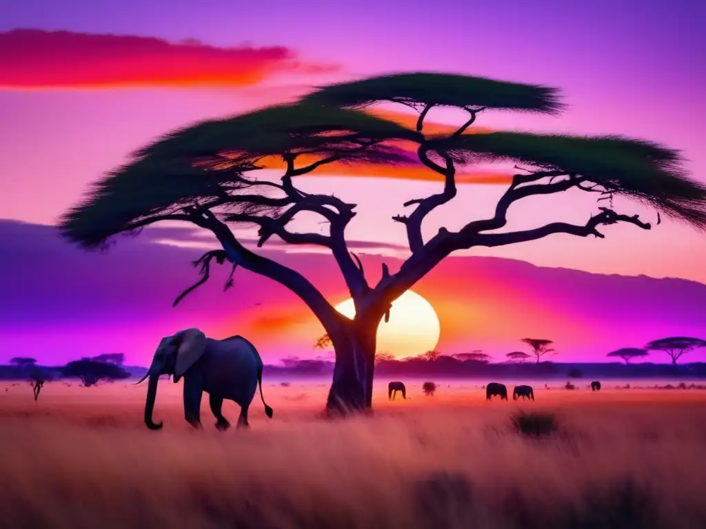 Puesta de sol africana en la sabana Destinos seguros para viajeros maduros en África: Puesta de sol africana vibrante con fauna icónica