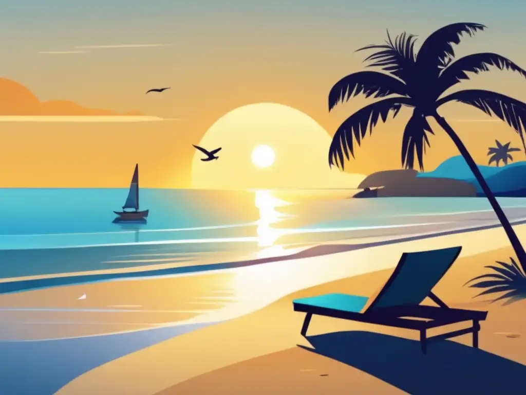 Playa serena al amanecer: sol dorado, aguas azules y palmeras Consejos para evitar el jet lag en viajes: playa al amanecer