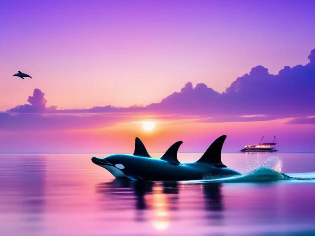 Sereno amanecer en el mar con delfines Aventuras marinas para viajeros maduros, escena serena de un amanecer en el océano con delfines y un bote