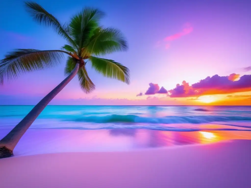 Hermoso amanecer en playa tropical Mentalidad positiva en viajes enriquecedores: Un amanecer vibrante sobre una playa tropical serena, con agua turquesa cristalina y arena blanca