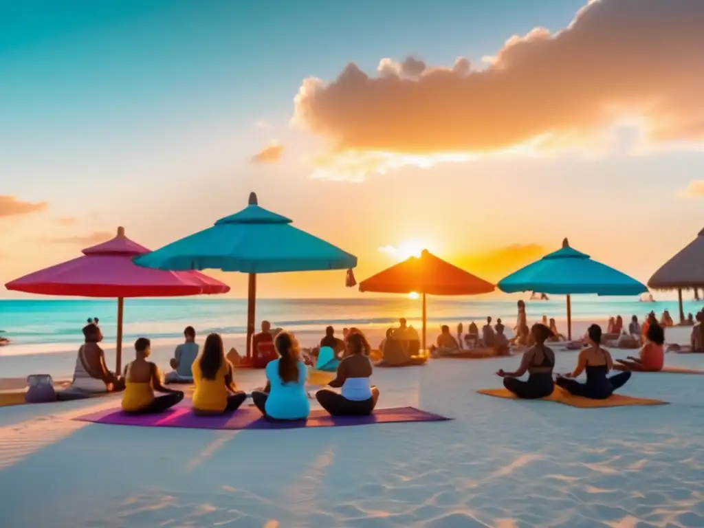 Amanecer vibrante en playa paradisíaca, invitando a relajarse y disfrutar Un viaje positivo: amanecer vibrante en playa paradisíaca con aguas turquesas, sombrillas y gente feliz