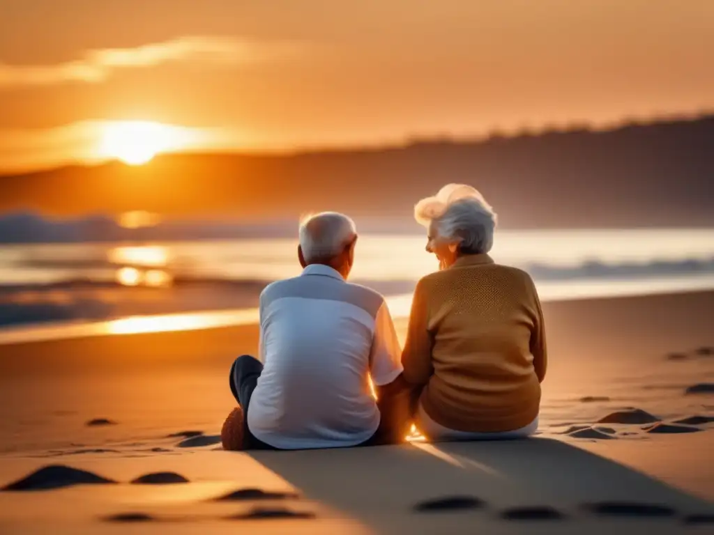 Pareja de ancianos disfrutando del atardecer en la playa Retiros espirituales: Pareja mayor en playa al atardecer
