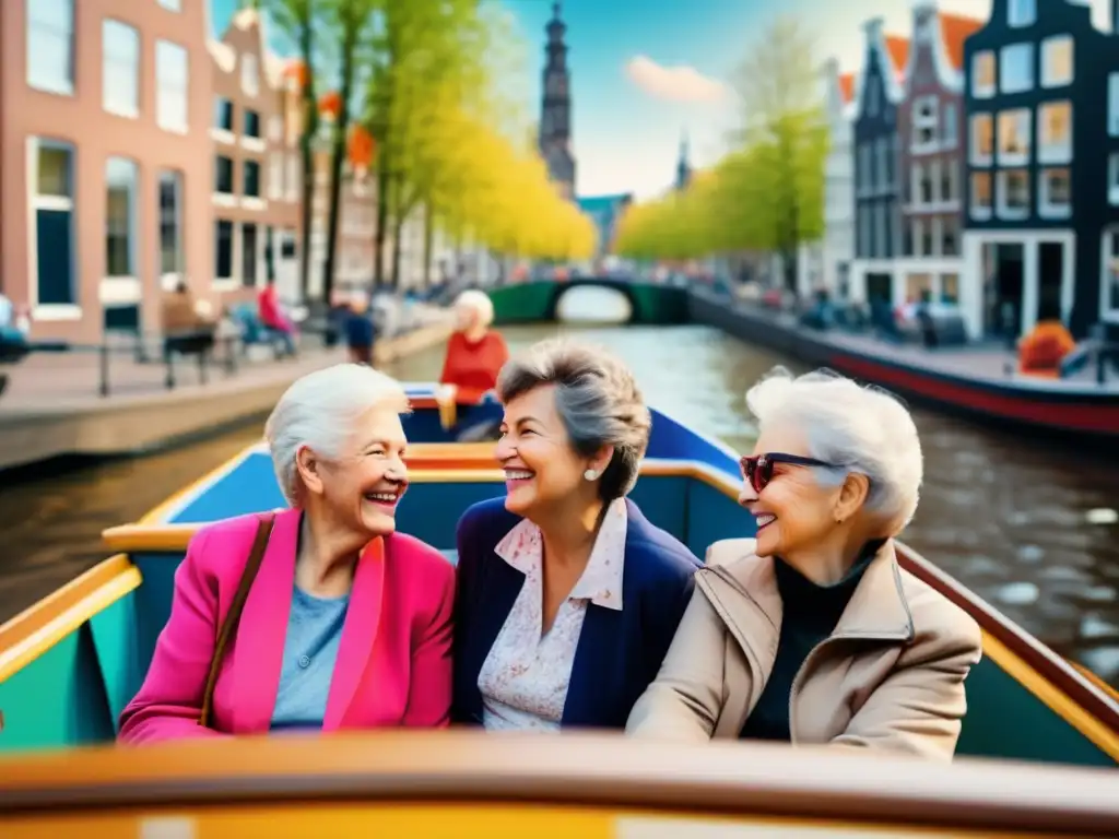 Excursión en barco por los canales de Ámsterdam Atractivos turísticos en Ámsterdam para mayores: grupo de adultos mayores disfrutando de paseo en barco por canales coloridos y animados