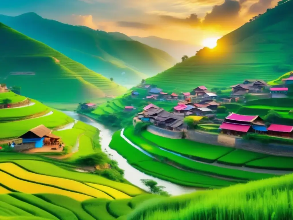Ancestral village amidst lush green hills Turismo genealógico en destinos ancestrales: Hermoso pueblo ancestral rodeado de verdes colinas, casas tradicionales y actividades culturales