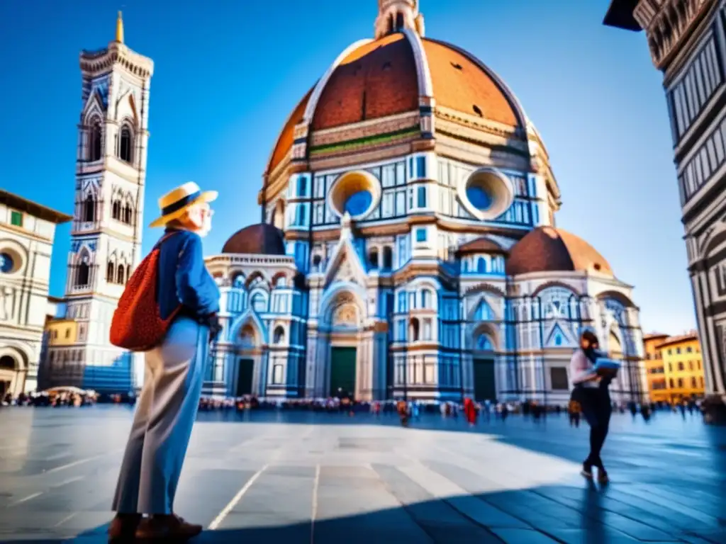 Anciano maravillado ante la majestuosidad del Duomo di Firenze en Florencia Viaje solitario para seniors: Duomo di Firenze y consejos de viaje