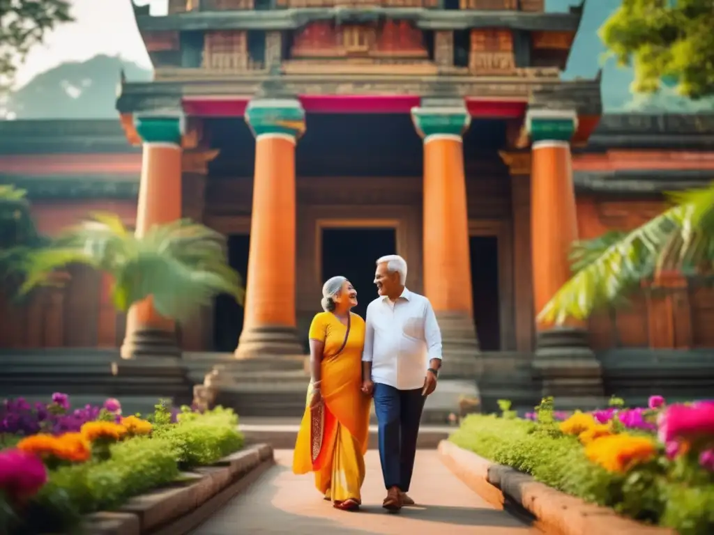 Pareja mayor explorando templo antiguo Viajes culturales para seniors en un templo antiguo rodeado de naturaleza y flores coloridas