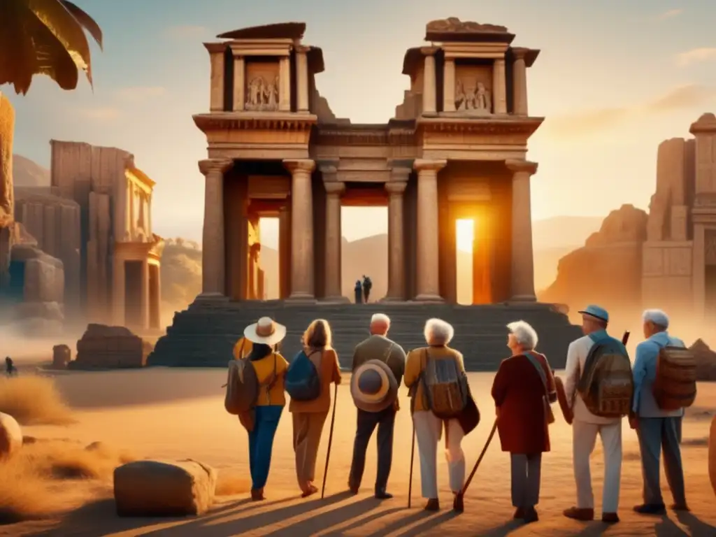 Grupo de ancianos exploradores frente a majestuosa ruina Viajeros seniors explorando historia y cultura