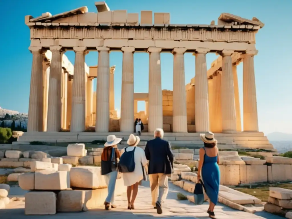 Grupo de mayores explorando ruinas antiguas en Atenas, Grecia Actividades culturales para viajeros senior explorando las ruinas de Atenas, Grecia