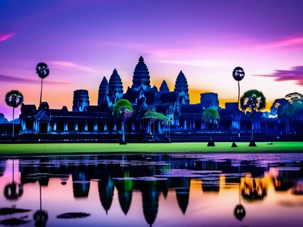 Angkor Wat al amanecer, majestuoso templo antiguo en un cielo vibrante de tonos rosados, naranjas y morados