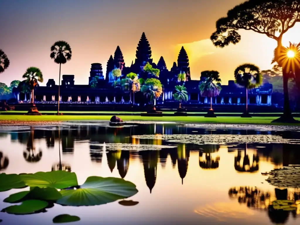 Hermosa puesta de sol en Angkor Wat Destinos seguros para viajeros maduros en Asia: Angkor Wat, templo monumental y sereno con paisaje tropical exuberante