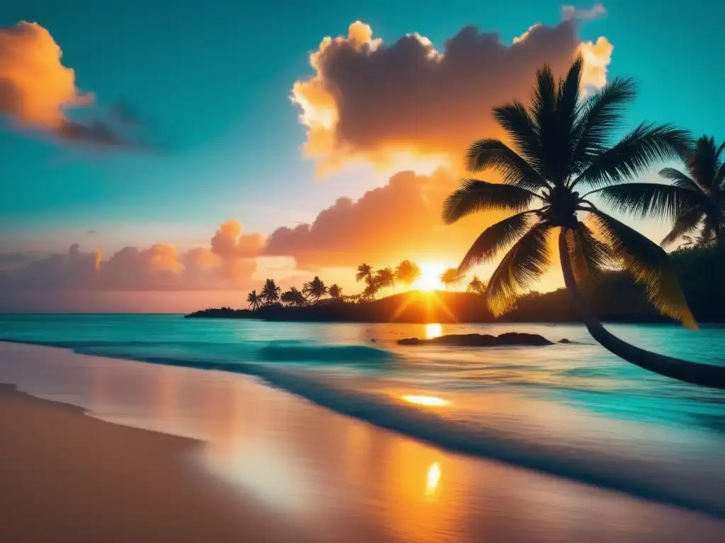 Puesta de sol en playa tropical Atardecer tropical en una playa serena - Ejercicios para prevenir el jet lag en viajeros maduros