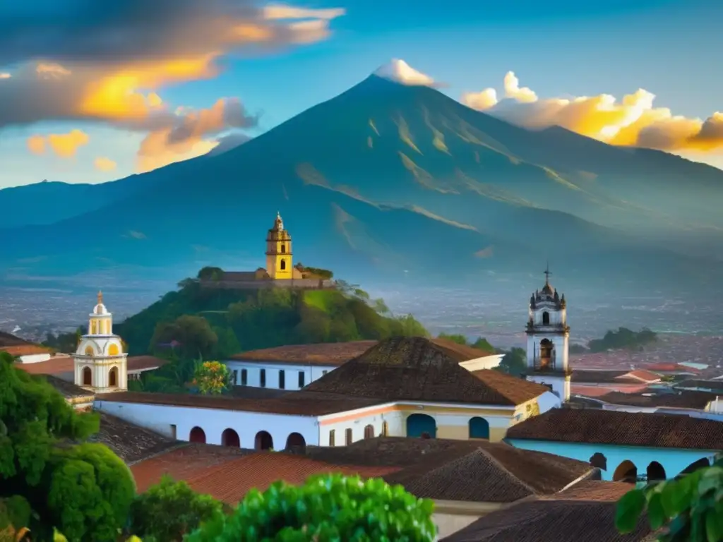 Hermosa vista aérea de la vibrante Antigua, Guatemala Vista aérea impresionante de la vibrante ciudad de Antigua, Guatemala, con su arquitectura colonial colorida, calles empedradas y volcanes imponentes de fondo