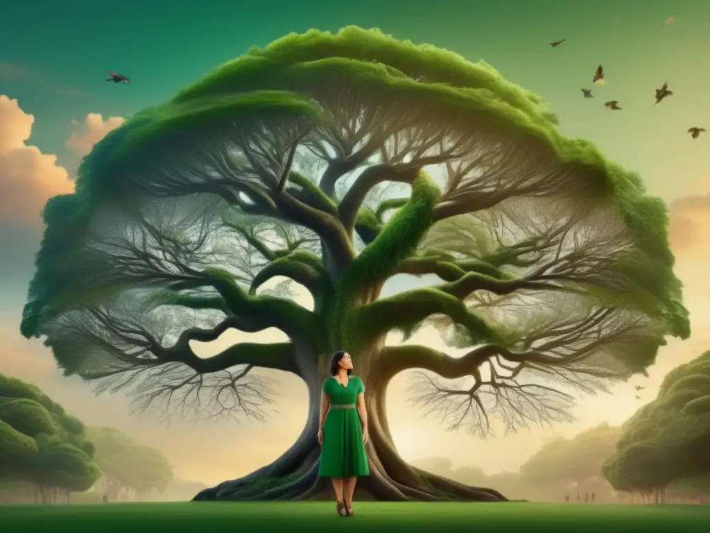 Mujer admirando árbol genealógico centenario Descubre tus raíces familiares en un viaje genealógico enriquecedor