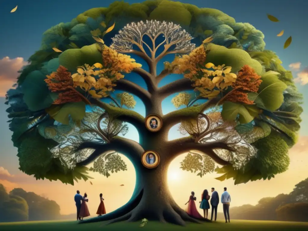 Reunión emocional alrededor de árbol genealógico Rutas de herencia personalizadas: Familia unida alrededor de un árbol genealógico adornado, descubriendo y compartiendo su pasado colectivo