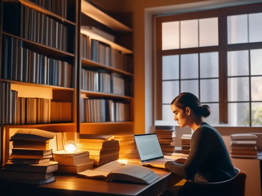 Genealogía y descubrimiento familiar Persona enfocada en árbol genealógico, rodeada de libros antiguos y documentos