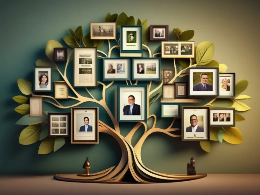 Árbol genealógico detallado con fotografías y documentos antiguos Árbol genealógico con retratos de múltiples generaciones rodeado de marcos con fotografías y documentos antiguos