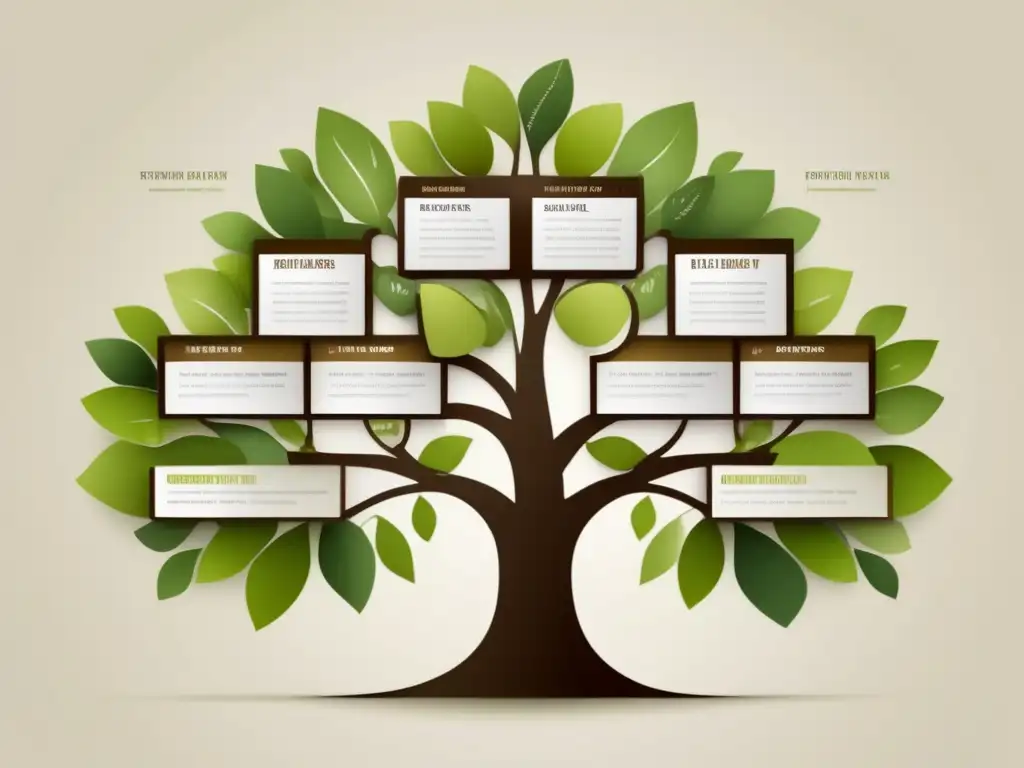 Diseño moderno y detallado de árbol genealógico con información clave de la familia y eventos históricos