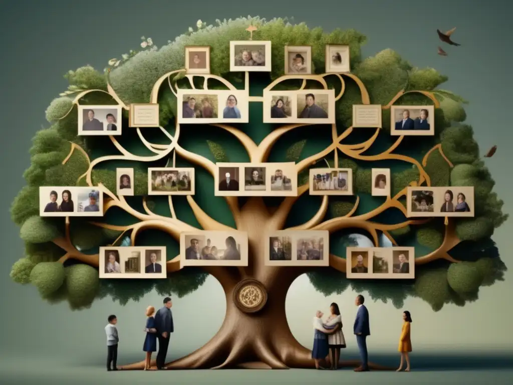 Familia reunida alrededor de árbol genealógico Familia reunida alrededor de un árbol genealógico bellamente diseñado, con fotos de ancestros enmarcadas en ramas, compartiendo historias
