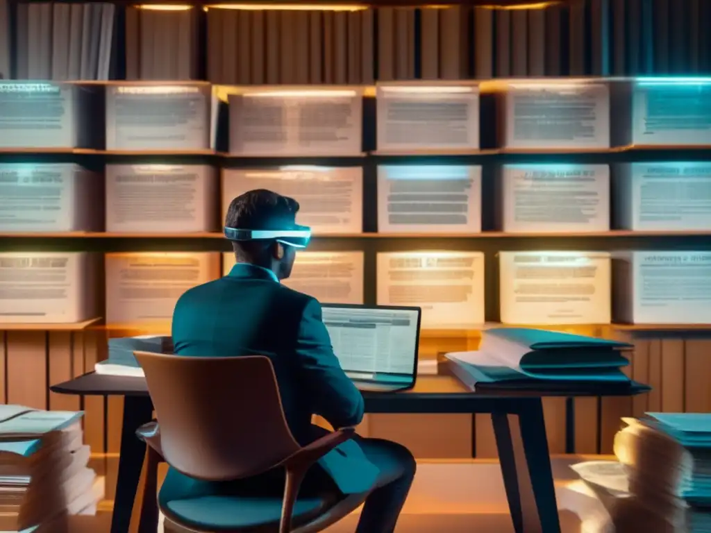 Persona en escritorio rodeada de registros propiedad y documentos históricos