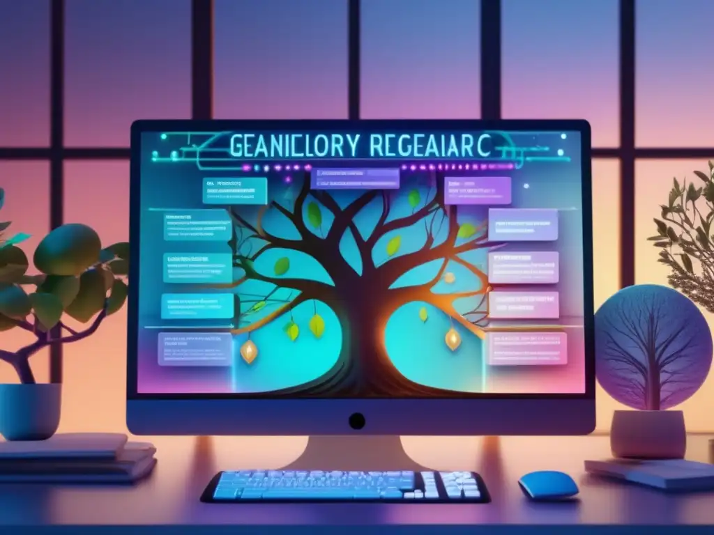 Moderna configuración de investigación genealógica Beneficios genealogía en viajes: árbol familiar interactivo con monitor futurista, fotos antiguas y libros