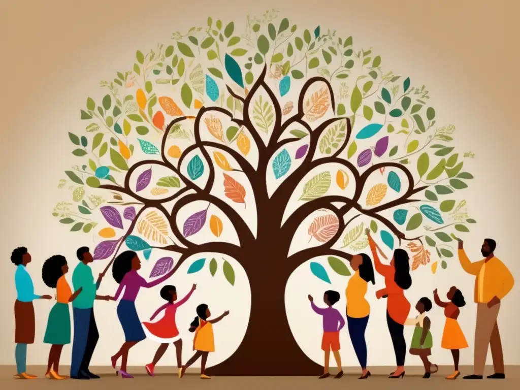 Familias conectadas y raíces ancestrales Grupo diverso de personas en torno a árbol genealógico interactivo proyectado en pared