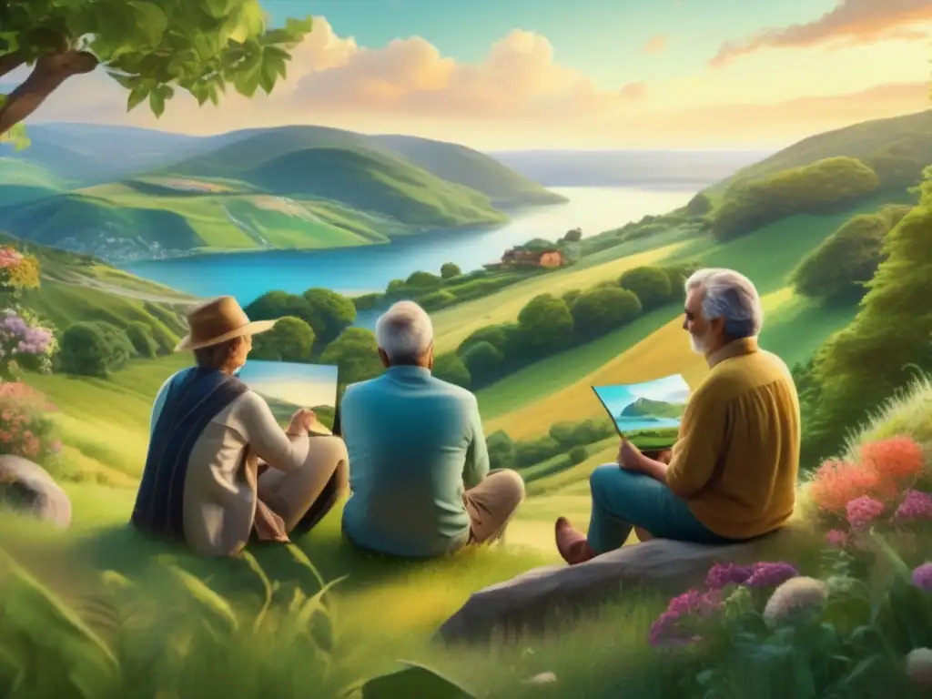 Pintores seniors encuentran inspiración en paisaje Grupo de artistas mayores en pintura en la naturaleza