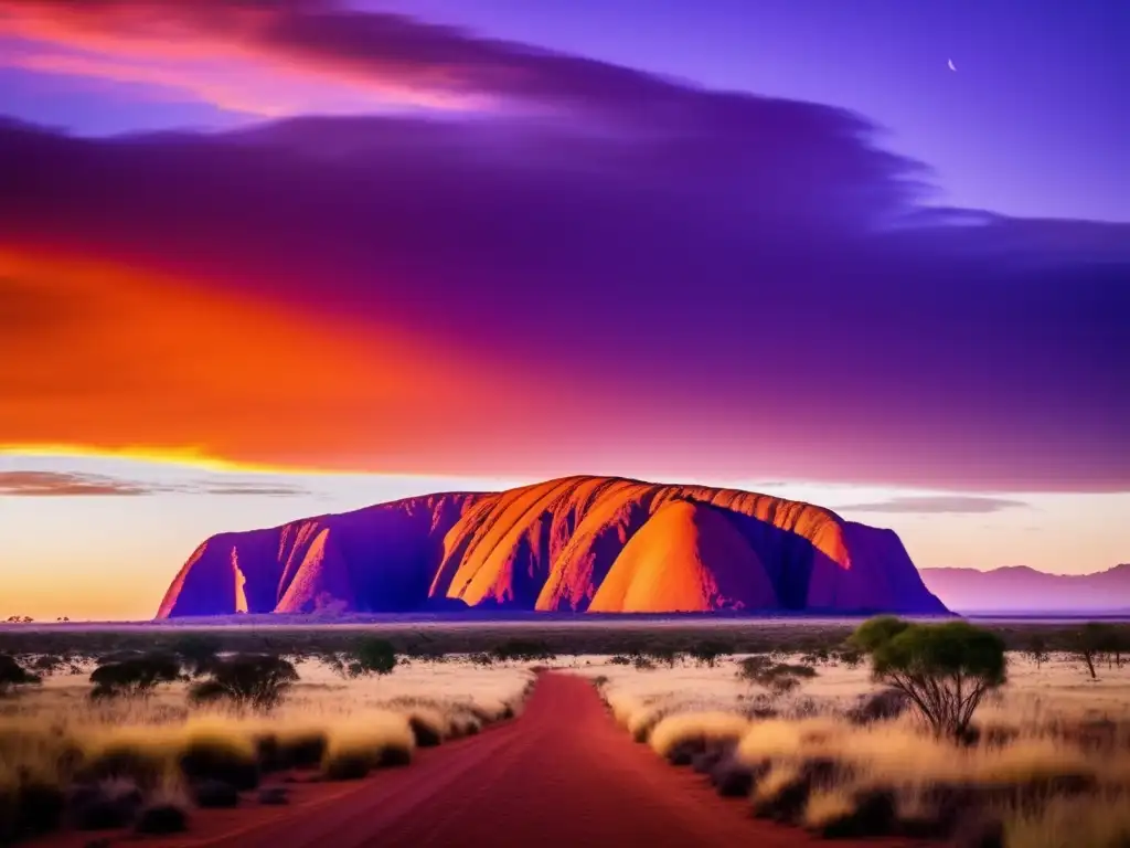 Puesta de sol sobre Uluru en Australia Experiencias culturales en Australia: Uluru, un atardecer fascinante con colores vibrantes y la majestuosidad de la roca sagrada