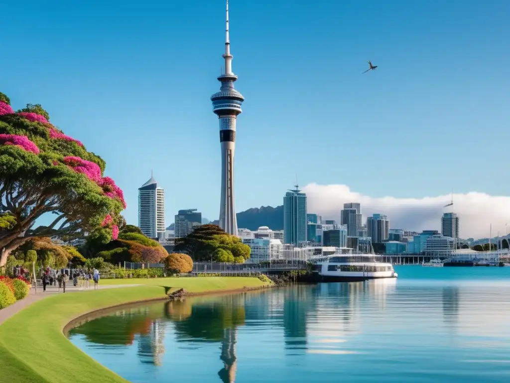 Vista panorámica tranquila de Auckland, Nueva Zelanda Experiencias en Auckland para adultos mayores: imagen deslumbrante de la icónica Torre Sky y un paisaje sereno frente al mar